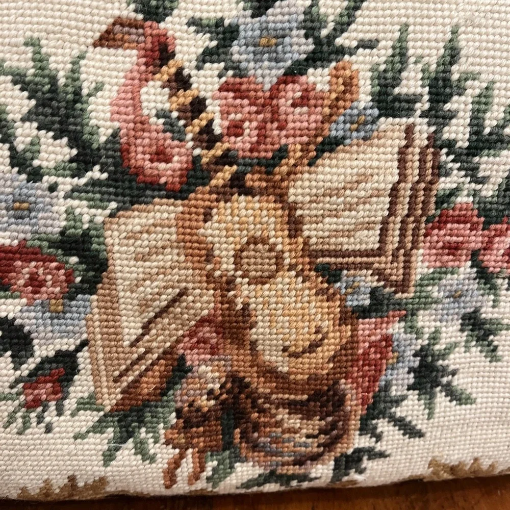Handmade Needlepoint Pillow Violin Black Gold Velvet Zipper Back 15x11